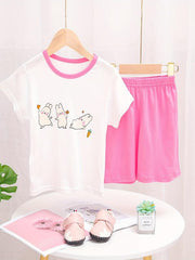 Girls Strawberry Graphic Pajama Set Crew Neck T Shirt & Shorts Loungewear