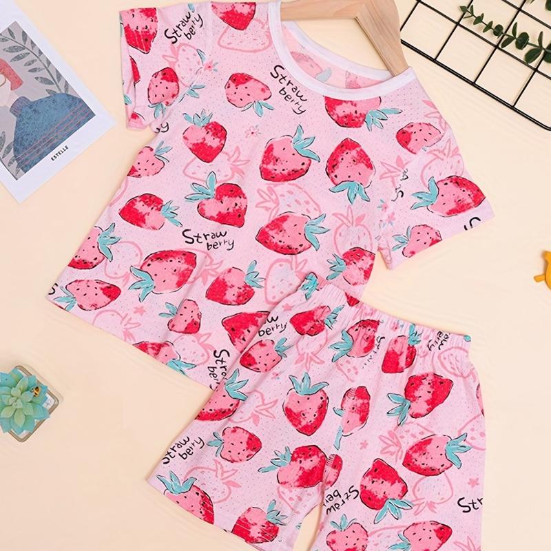 Girls Strawberry Graphic Pajama Set Crew Neck T Shirt & Shorts Loungewear