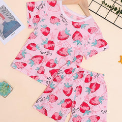 Girls Strawberry Graphic Pajama Set Crew Neck T Shirt & Shorts Loungewear