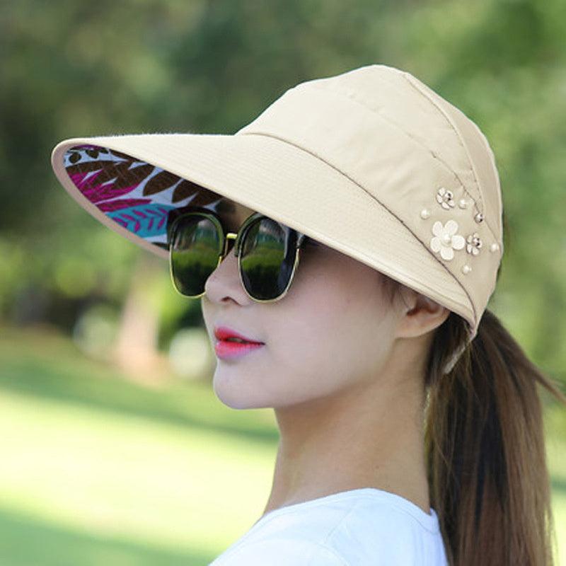 Wide Brim Visor Hat Faux Pearl Flower Solid Visor Hat