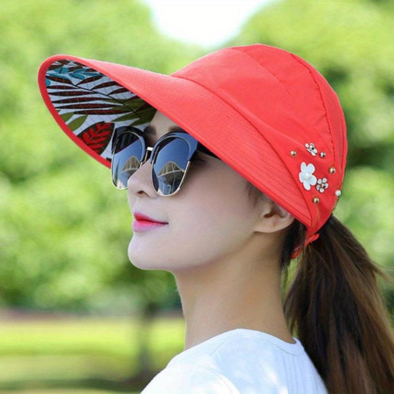 Wide Brim Visor Hat Faux Pearl Flower Solid Visor Hat
