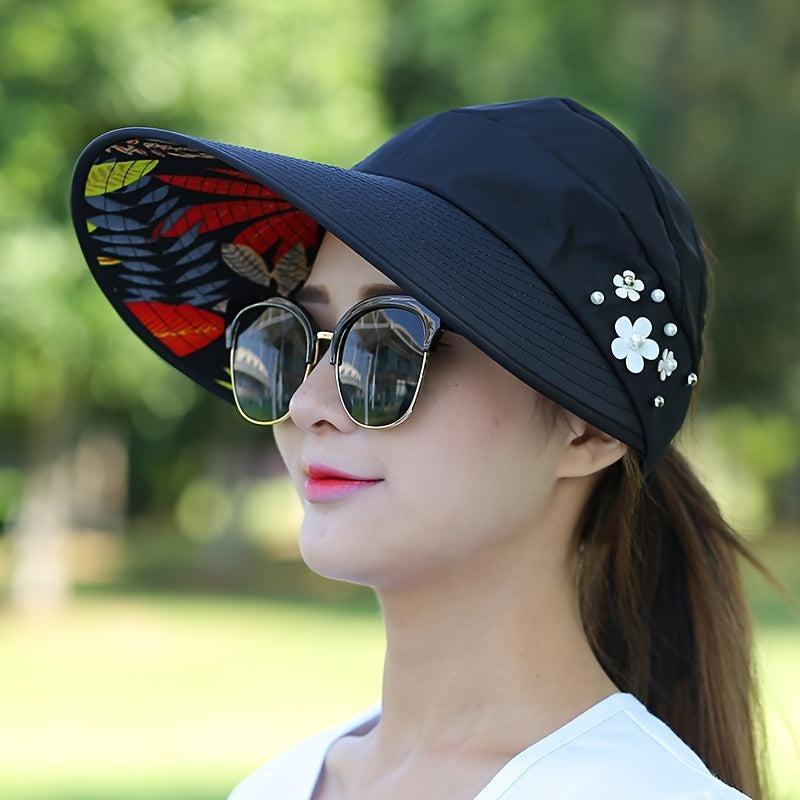 Wide Brim Visor Hat Faux Pearl Flower Solid Visor Hat