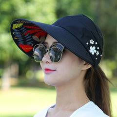 Wide Brim Visor Hat Faux Pearl Flower Solid Visor Hat