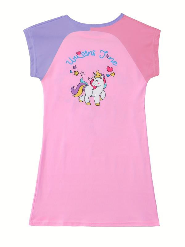 Girls Cartoon Unicorn Graphic Nightdress Short Sleeve Round Neck Nightgowns
