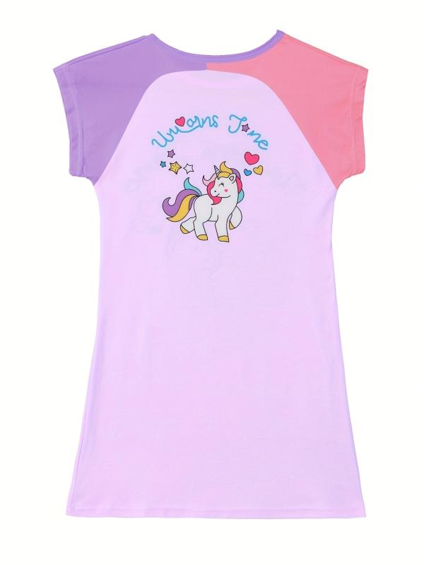 Girls Cartoon Unicorn Graphic Nightdress Short Sleeve Round Neck Nightgowns