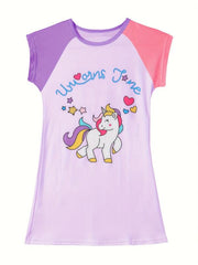 Girls Cartoon Unicorn Graphic Nightdress Short Sleeve Round Neck Nightgowns