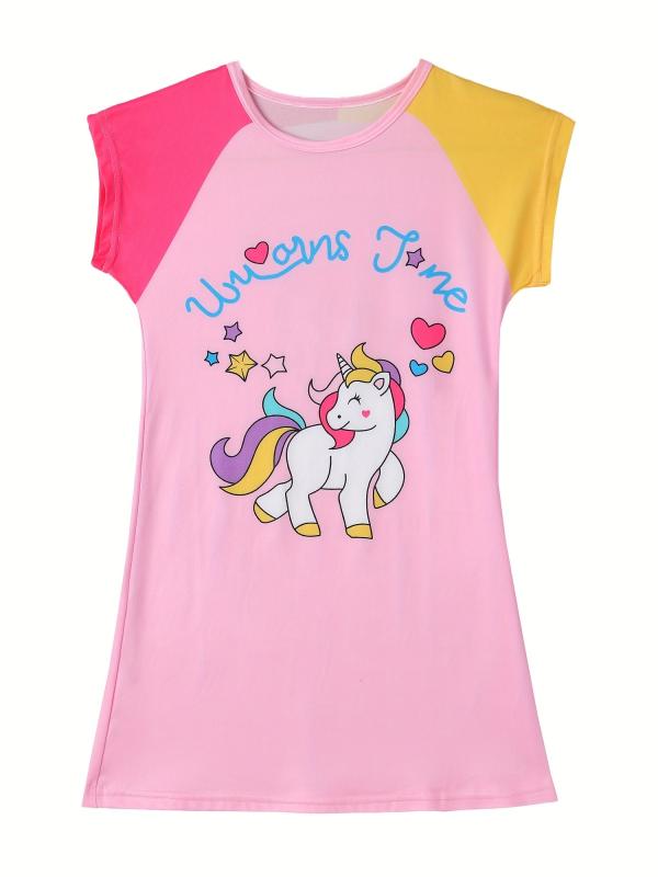 Girls Cartoon Unicorn Graphic Nightdress Short Sleeve Round Neck Nightgowns
