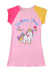 Girls Cartoon Unicorn Graphic Nightdress Short Sleeve Round Neck Nightgowns