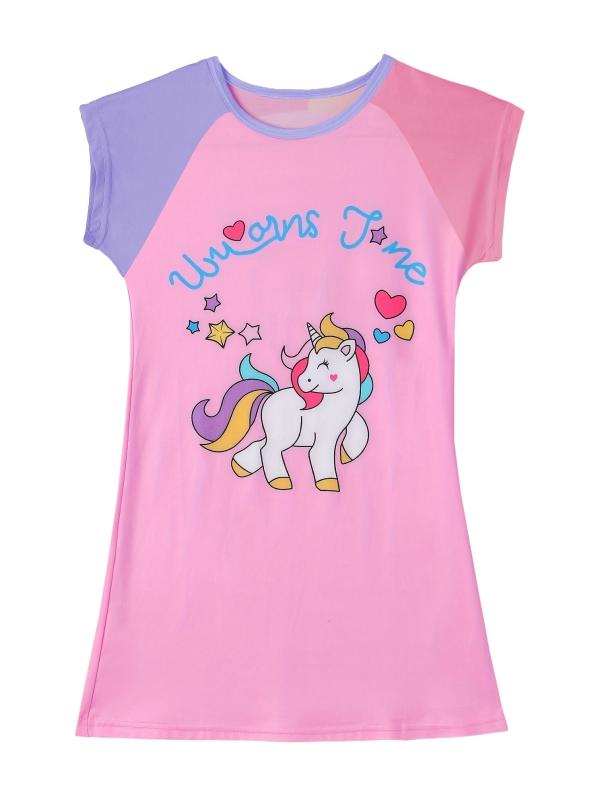 Girls Cartoon Unicorn Graphic Nightdress Short Sleeve Round Neck Nightgowns