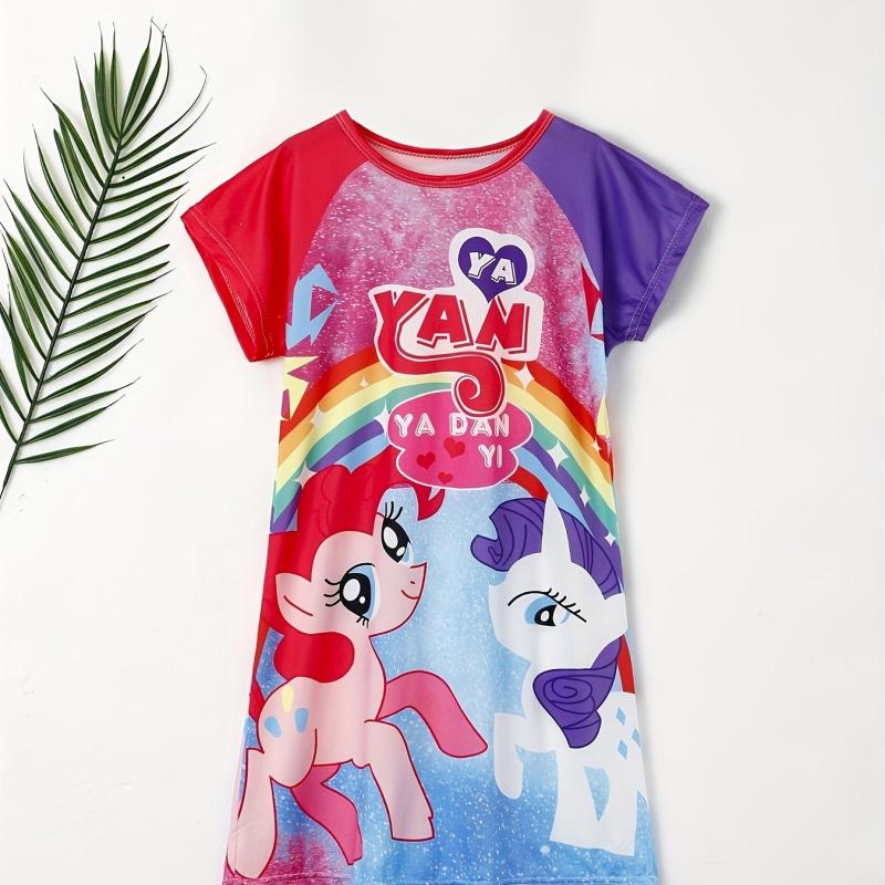Girls Cartoon Unicorn Graphic Nightdress Short Sleeve Round Neck Nightgowns