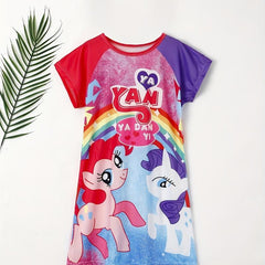 Girls Cartoon Unicorn Graphic Nightdress Short Sleeve Round Neck Nightgowns