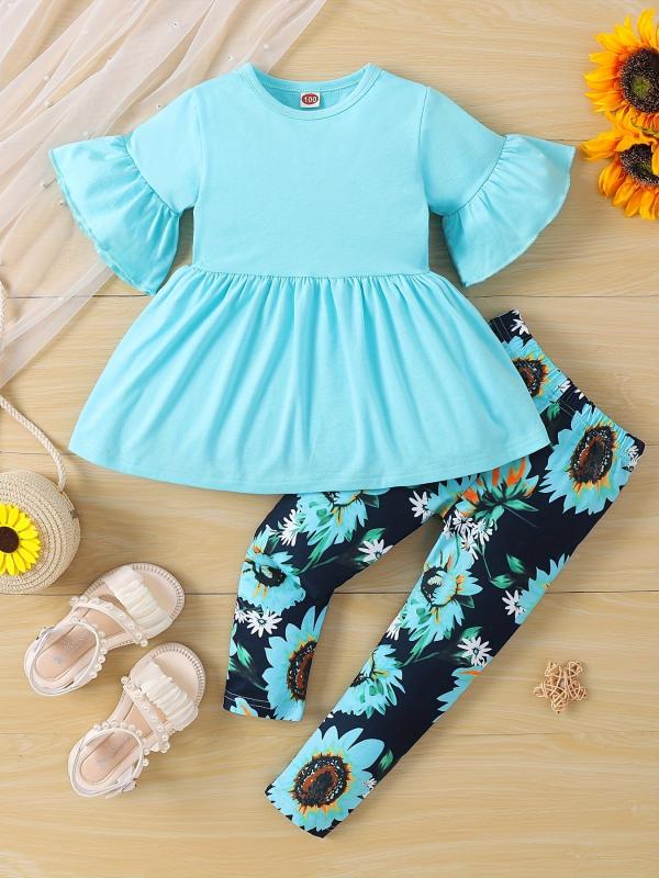 Toddler Girls Sunflowers Playsuit Flared Sleeve Top & Print Pants
