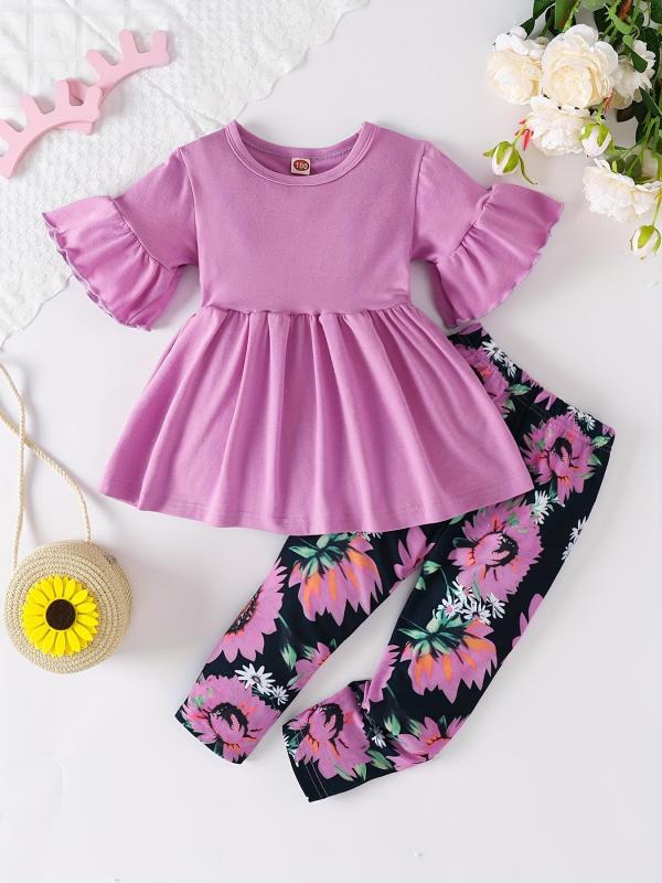 Toddler Girls Sunflowers Playsuit Flared Sleeve Top & Print Pants
