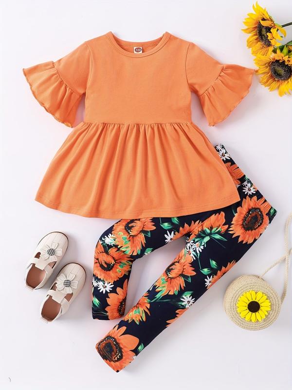 Toddler Girls Sunflowers Playsuit Flared Sleeve Top & Print Pants