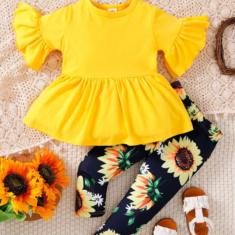 Toddler Girls Sunflowers Playsuit Flared Sleeve Top & Print Pants