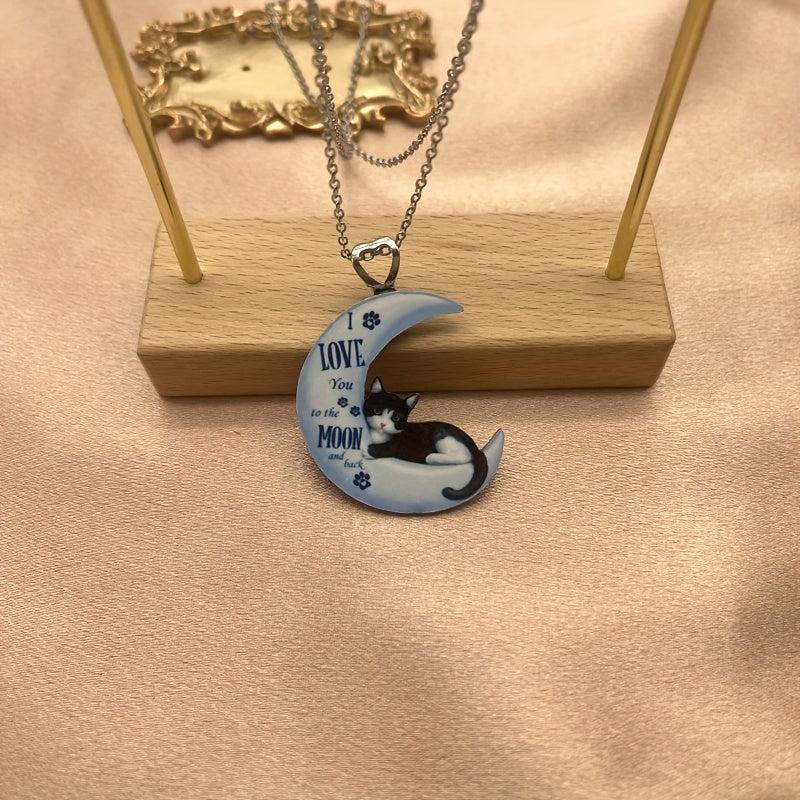Cartoon Moon Cat Pendant Necklace for Girls