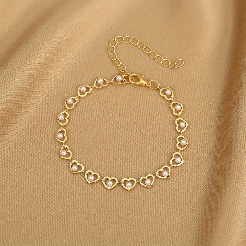 Heart Decor Bracelet for Girls - Cubic Zirconia Faux Pearl Hand Decoration