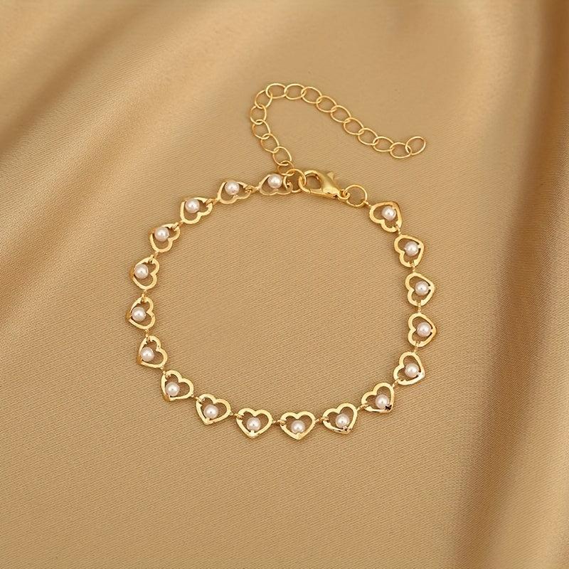Heart Decor Bracelet for Girls - Cubic Zirconia Faux Pearl Hand Decoration