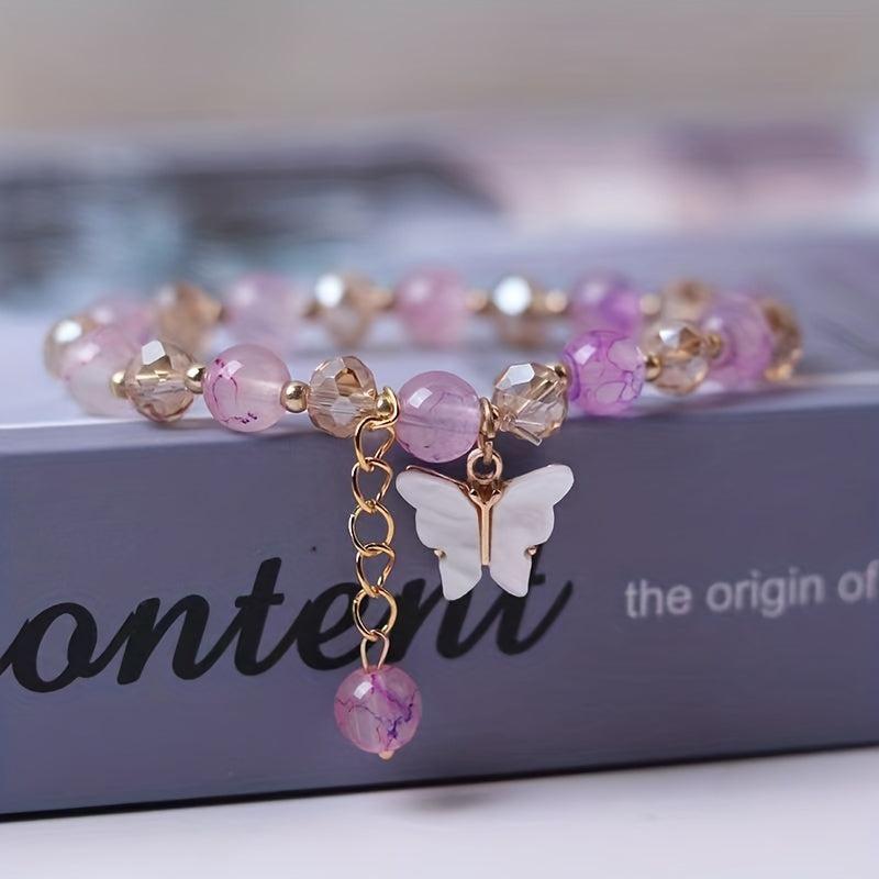 Elastic Beaded Butterfly Pendant Bracelet for Party
