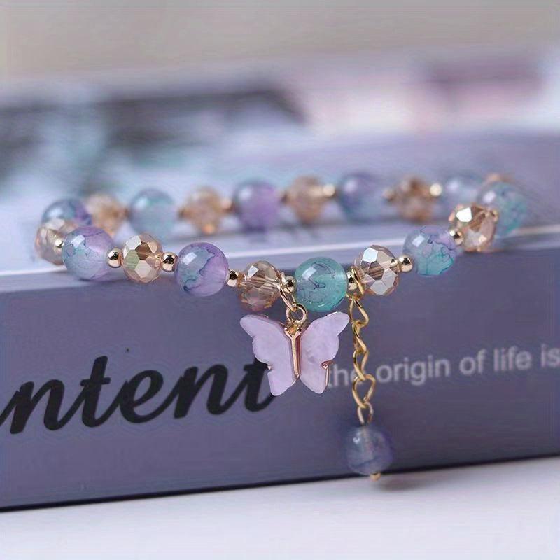 Elastic Beaded Butterfly Pendant Bracelet for Party