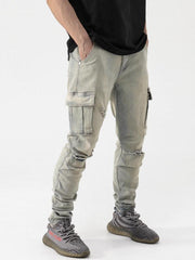Men's Slim Fit Cargo Jeans Casual Street Style High Stretch Denim Pants