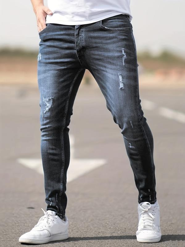 Men's Slim Fit Ripped Tapered Jeans Casual Street Style Distressed Denim Pants