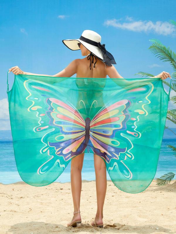 Butterfly Print V Neck Cover Up Dress Beachwear