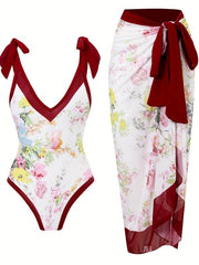 Floral Print Two Pieces Sets Swimsuit With Cover Up Skirt