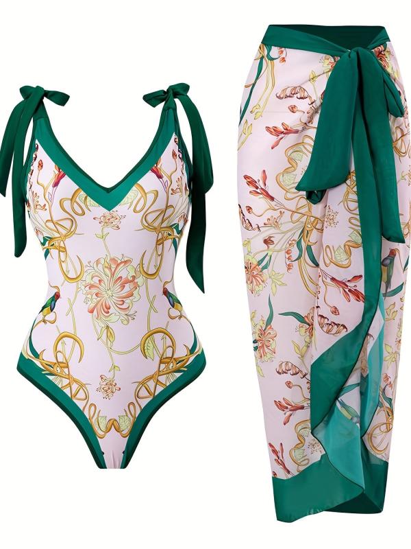 Floral Print Two Pieces Sets Swimsuit With Cover Up Skirt