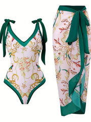Floral Print Two Pieces Sets Swimsuit With Cover Up Skirt