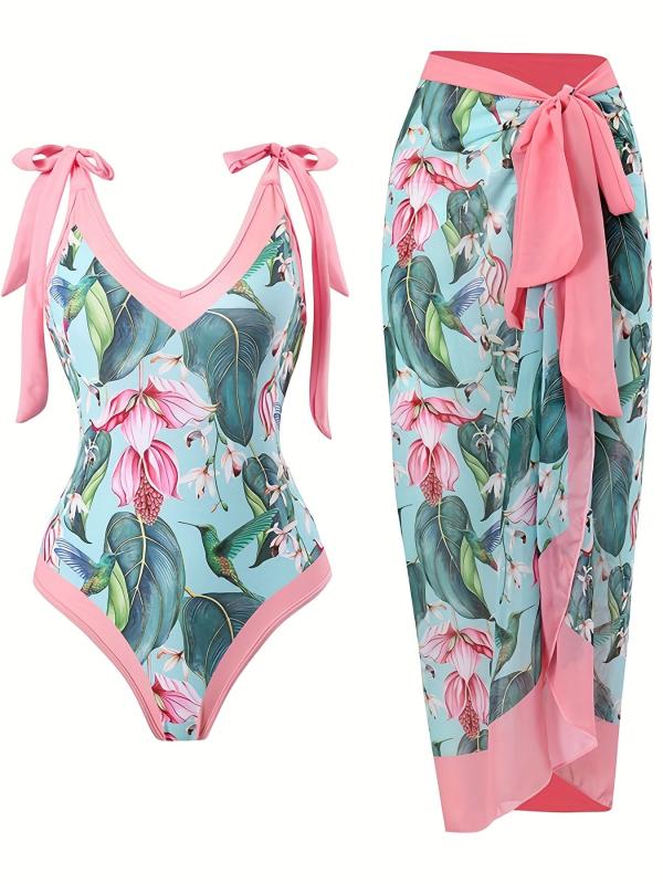 Floral Print Two Pieces Sets Swimsuit With Cover Up Skirt