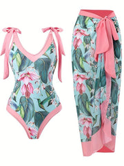 Floral Print Two Pieces Sets Swimsuit With Cover Up Skirt