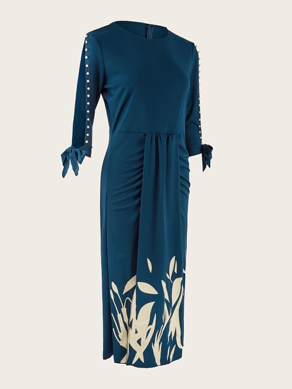 Floral Print Cutout Beaded Dress Casual Loose Midi Dresses