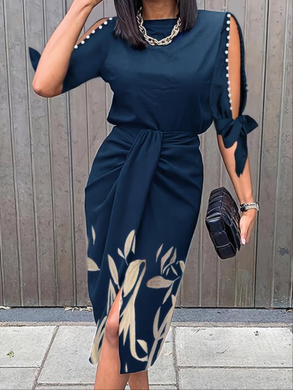 Floral Print Cutout Beaded Dress Casual Loose Midi Dresses