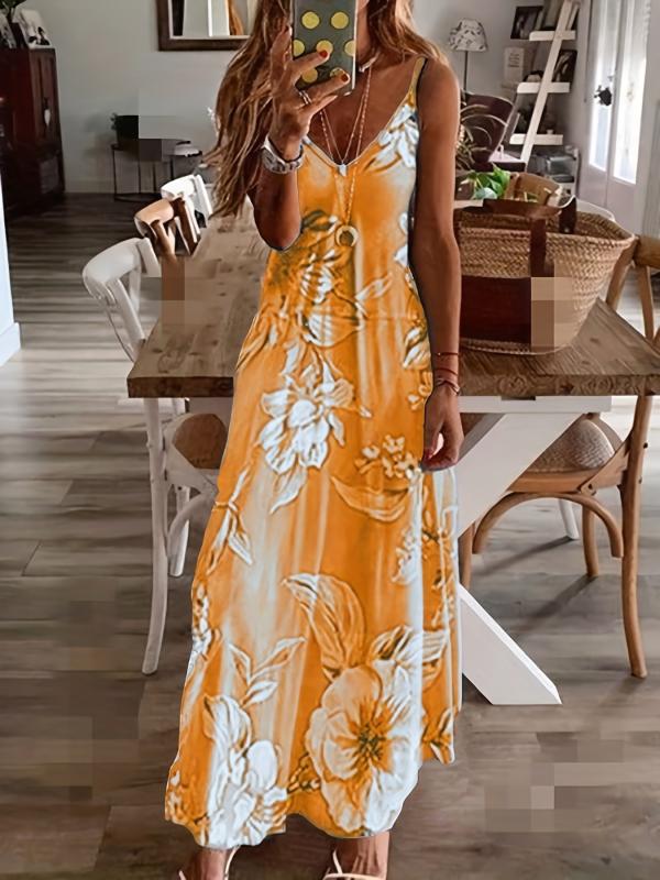 Floral Print Spaghetti Dress Casual Crew Neck Ankle Cami Dress Women's Clothing