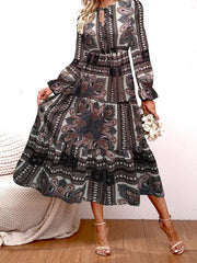 Paisley Print High Waist Maxi Dress Vintage Crew Neck Long Sleeve