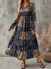 Paisley Print High Waist Maxi Dress Vintage Crew Neck Long Sleeve