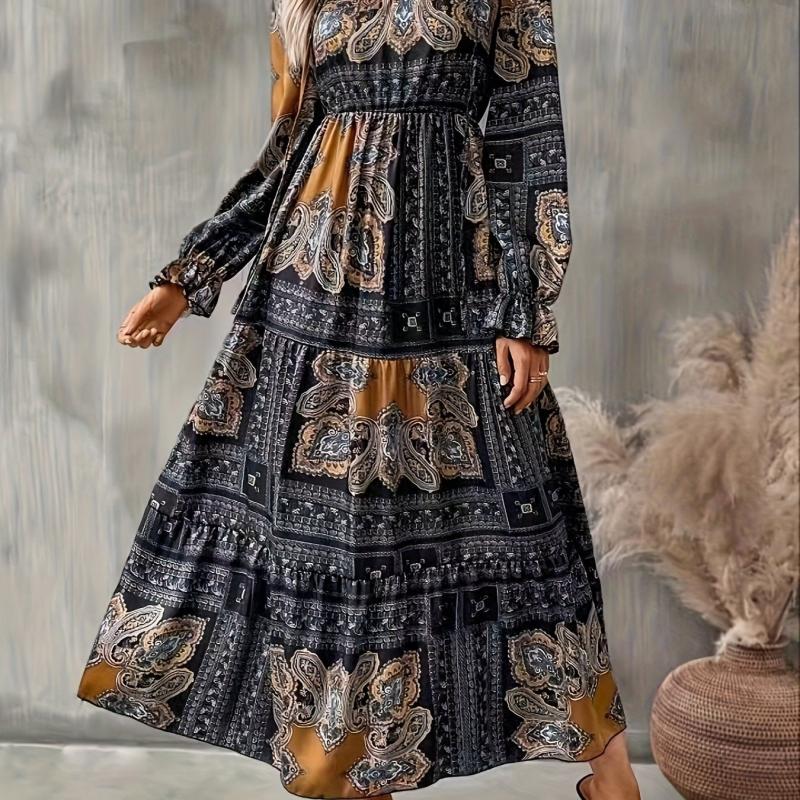 Paisley Print High Waist Maxi Dress Vintage Crew Neck Long Sleeve