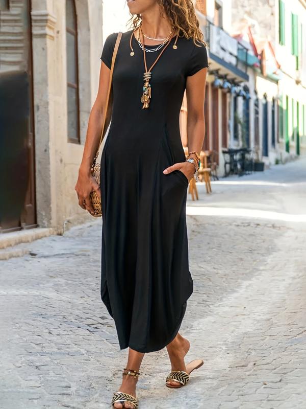 Casual Solid Crew Neck Short Sleeve Dress for Women
