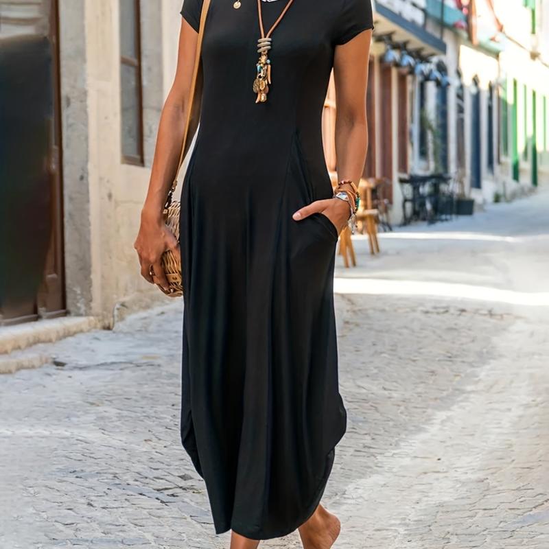 Casual Solid Crew Neck Short Sleeve Dress for Women