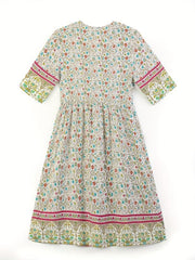 Floral Print V Neck Dress Short Sleeve Casual Dress