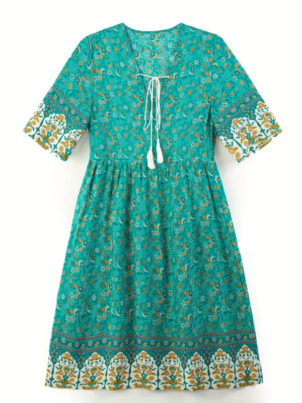 Floral Print V Neck Dress Short Sleeve Casual Dress