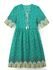Floral Print V Neck Dress Short Sleeve Casual Dress