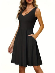 Solid V Neck Dress Casual Pleated Sleeveless Versatile Dress
