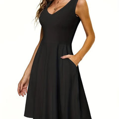 Solid V Neck Dress Casual Pleated Sleeveless Versatile Dress