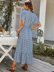 Floral Print Button V Neck Dress Short Sleeve Casual Dress