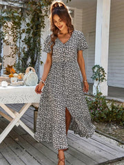 Floral Print Button V Neck Dress Short Sleeve Casual Dress