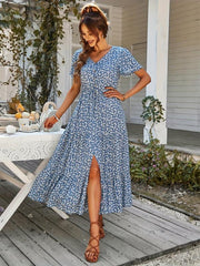 Floral Print Button V Neck Dress Short Sleeve Casual Dress