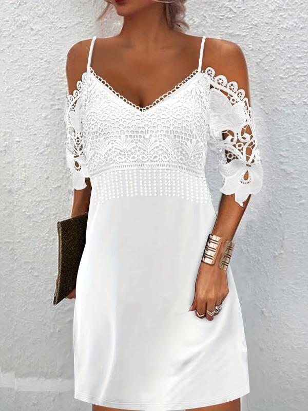 Lace Cold Shoulder Dress V Neck Short Sleeve Women's Casual Dress