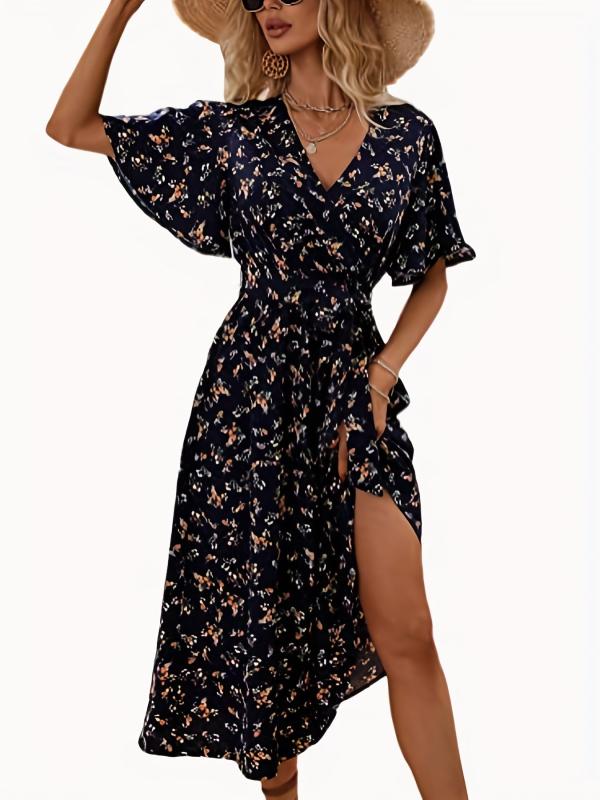 Floral Print Flutter Sleeve Dress Boho V Neck Slim Waist Dress